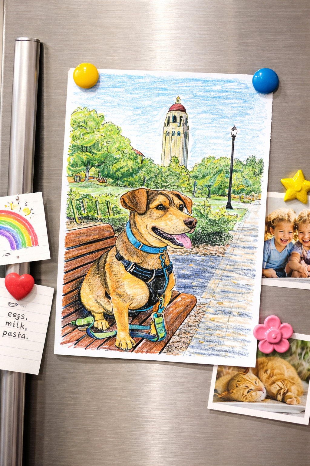 Finished colored pet art displayed on a fridge