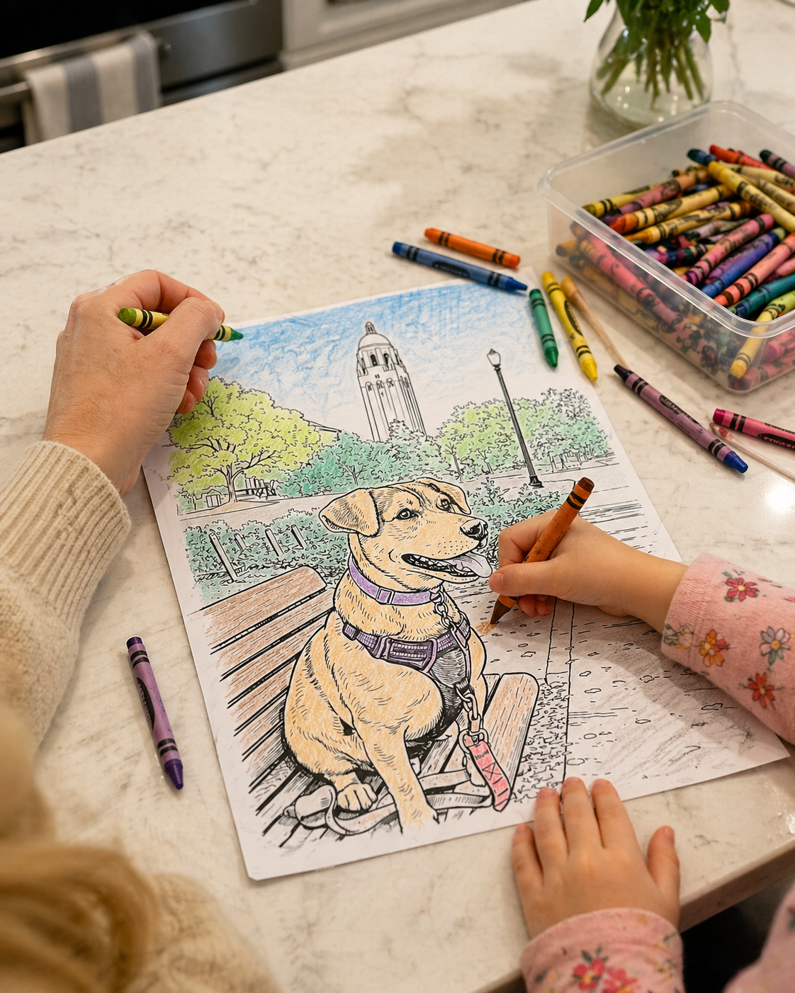 Parent and child coloring a pet page together